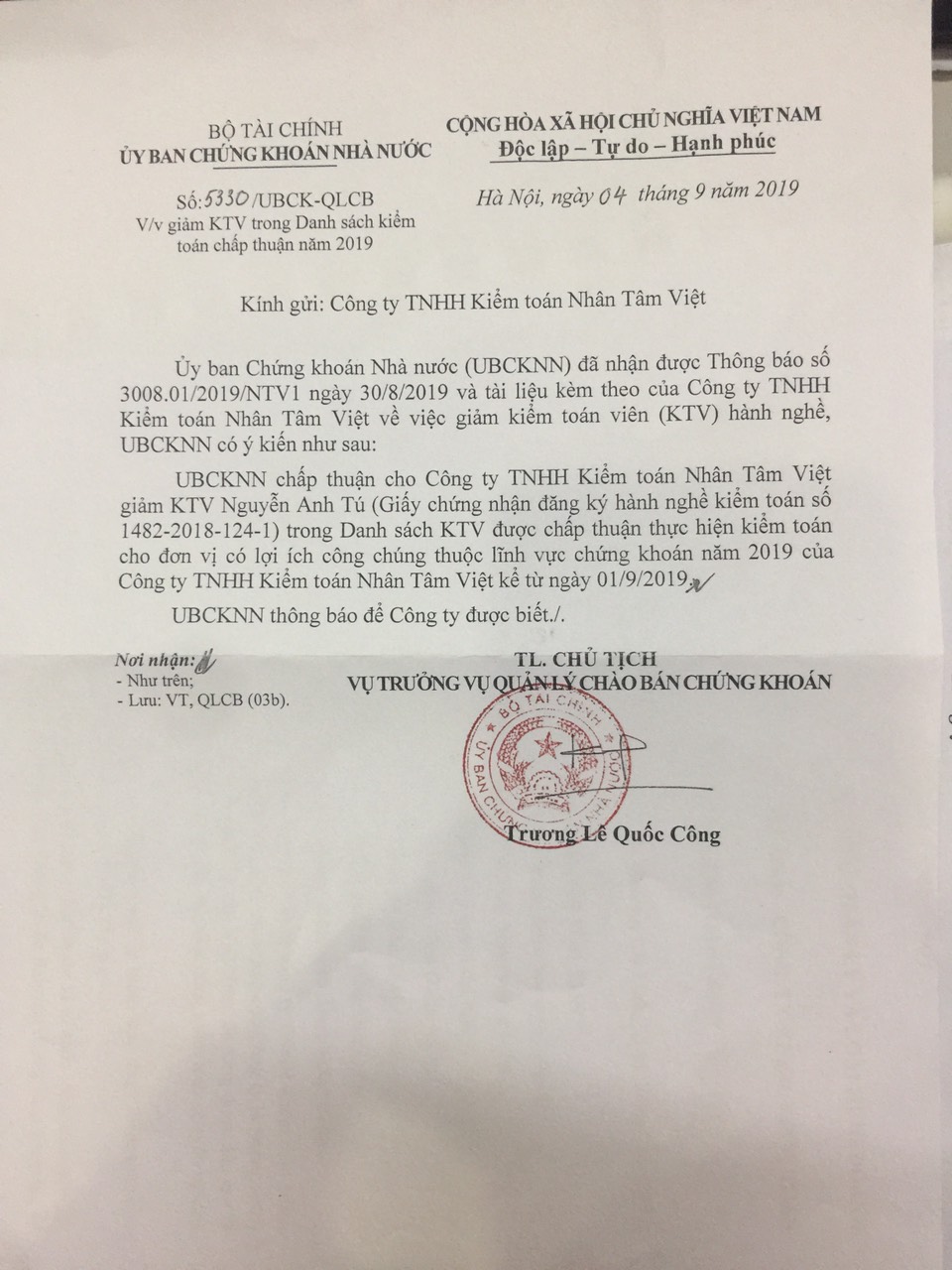 Thông báo giảm kiểm toán viên đăng ký hành nghề Nguyễn Anh Tú